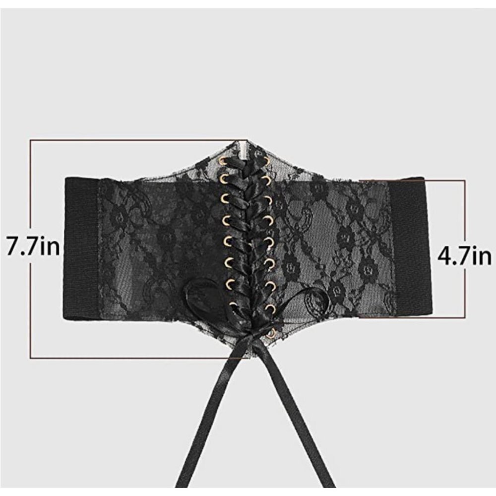 Black Floral Lace PVC‎ Lace Up Corset Elastic Wide Waistband Belt Girdle - Picture 8 of 9